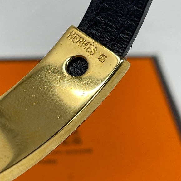 Hermes black leather gold metal slide lock bracelet - Picture 7 of 10